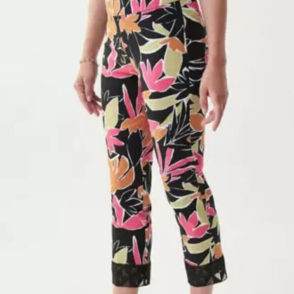 Joseph Ribkoff Lydia Cropped Lace Trim Pants Straight Leg Leaf Print Size 12 New - Picture 5 of 9